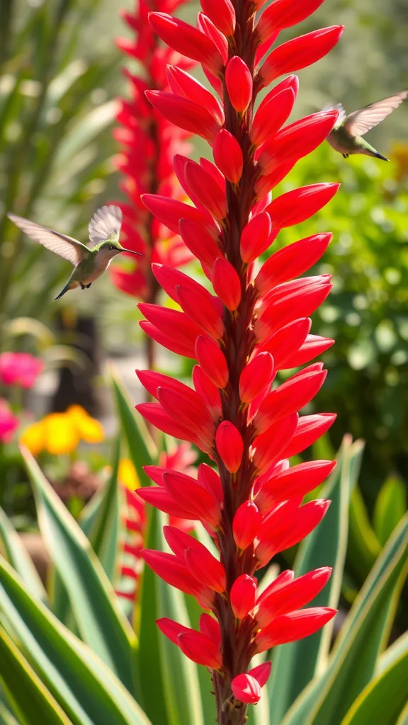 A red yucca plant with bright red flowers and hummingbirds hovering nearby.