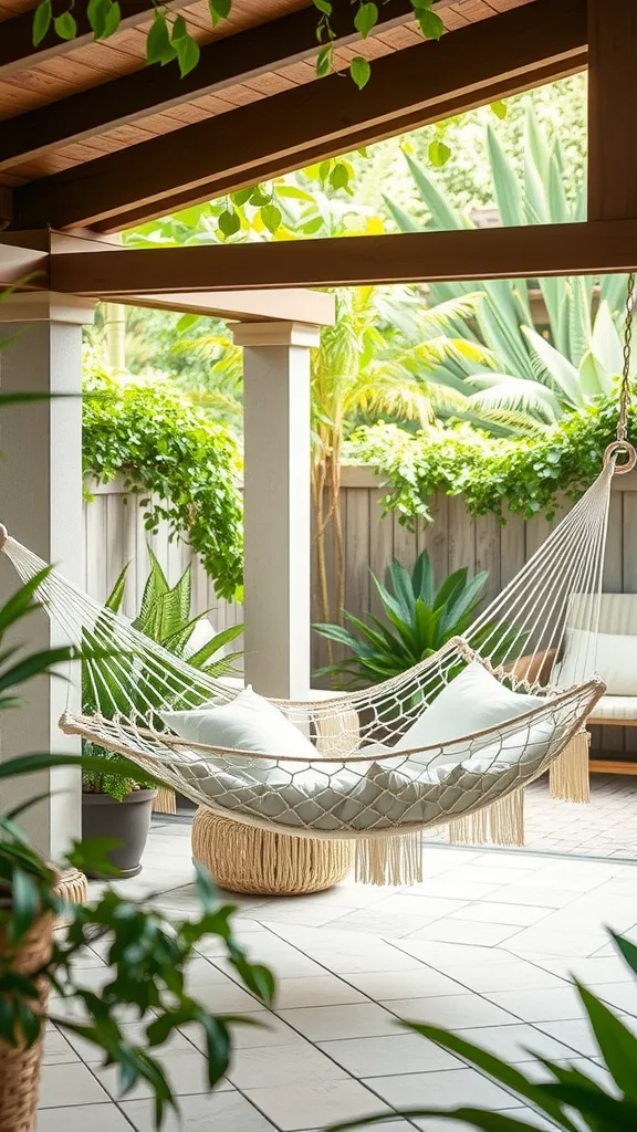 A cozy hammock corner on an outdoor patio with greenery and soft cushions.