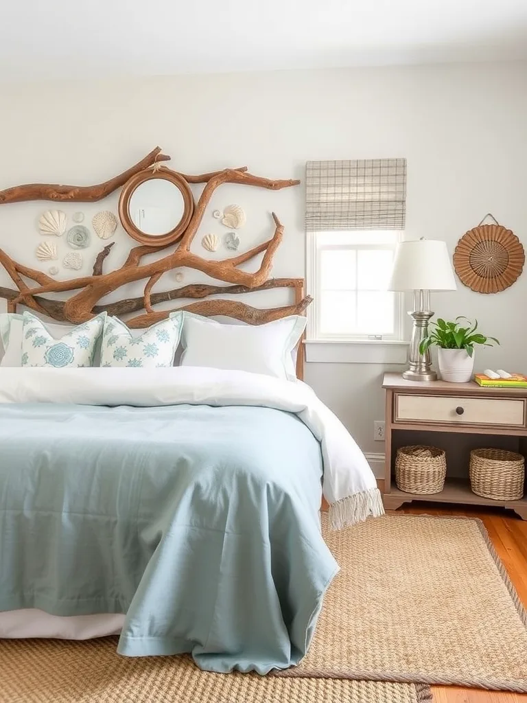 Coastal bedroom featuring a driftwood headboard, seashell decor, and soft blue bedding