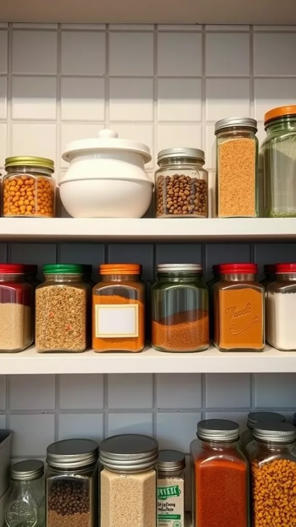 A well-organized spice rack with various repurposed jars and colorful lids.