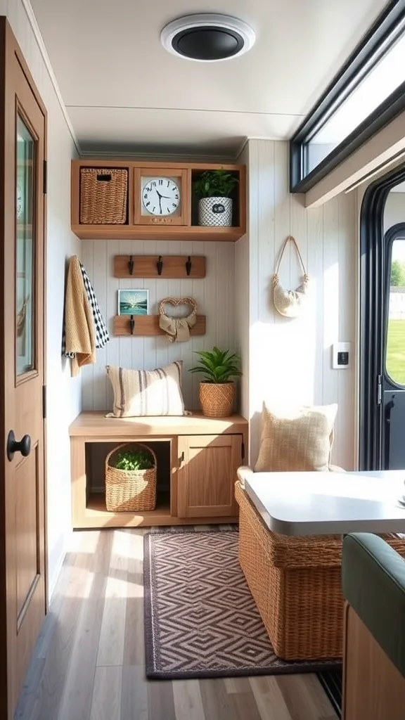 A functional and bright RV entryway with wood cabinets, a door allowing natural light, and decorative elements.