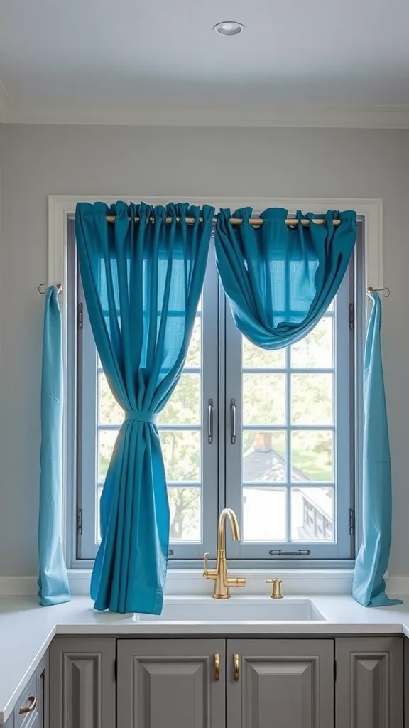 A kitchen with rich blue curtains draped over grey windows, featuring a sink and grey cabinetry.