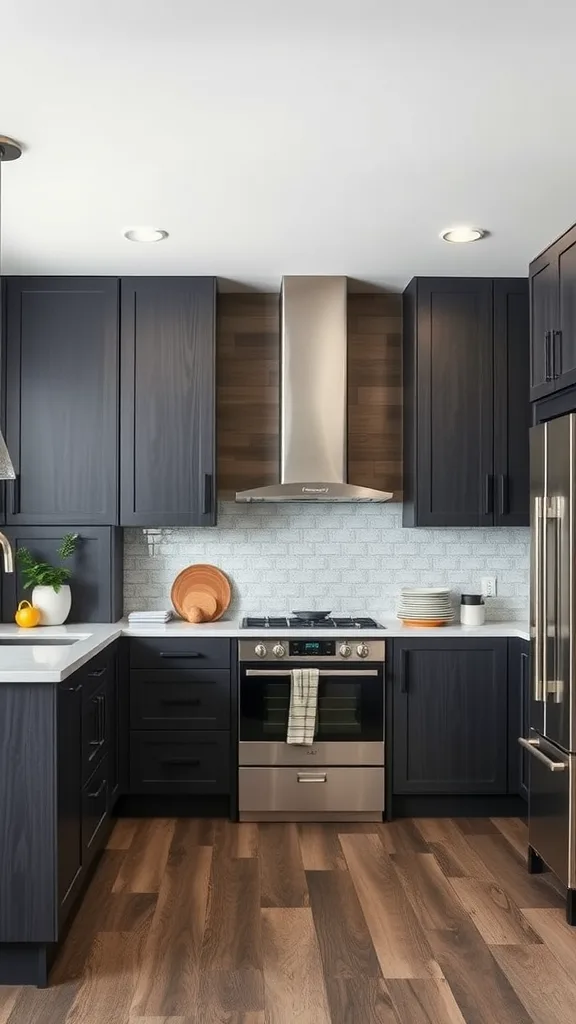 A modern kitchen featuring rich charcoal cabinets, a light countertop, and warm wood flooring.