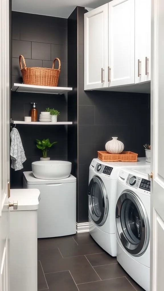 A modern laundry room featuring rich charcoal walls and contrasting white cabinets and appliances.