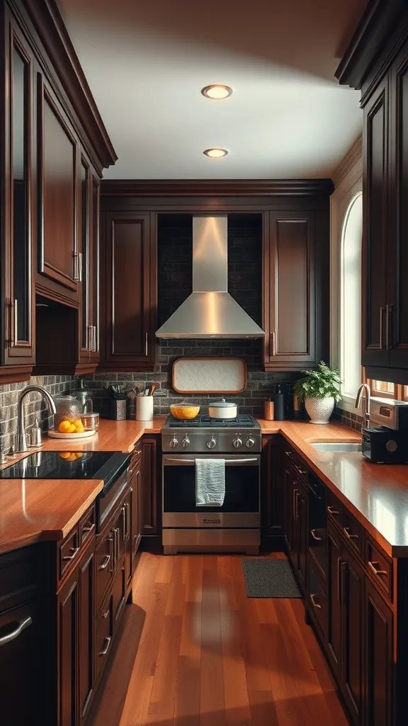 A cozy kitchen featuring rich chocolate brown cabinets, stainless steel appliances, and wooden flooring.