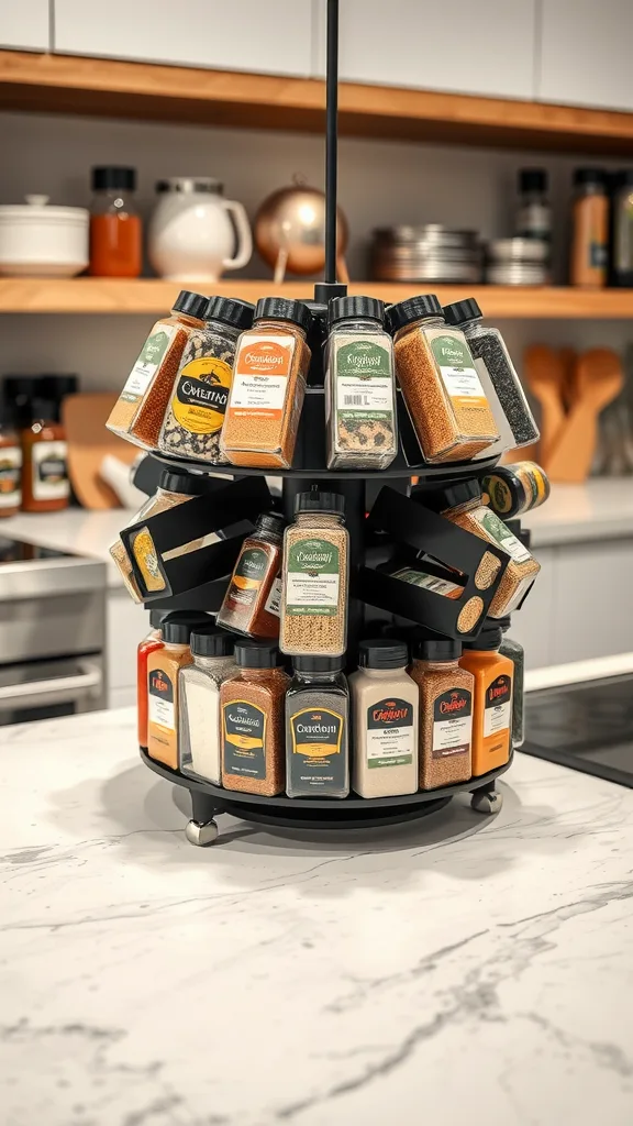 A modern rotating spice carousel filled with various spice containers.