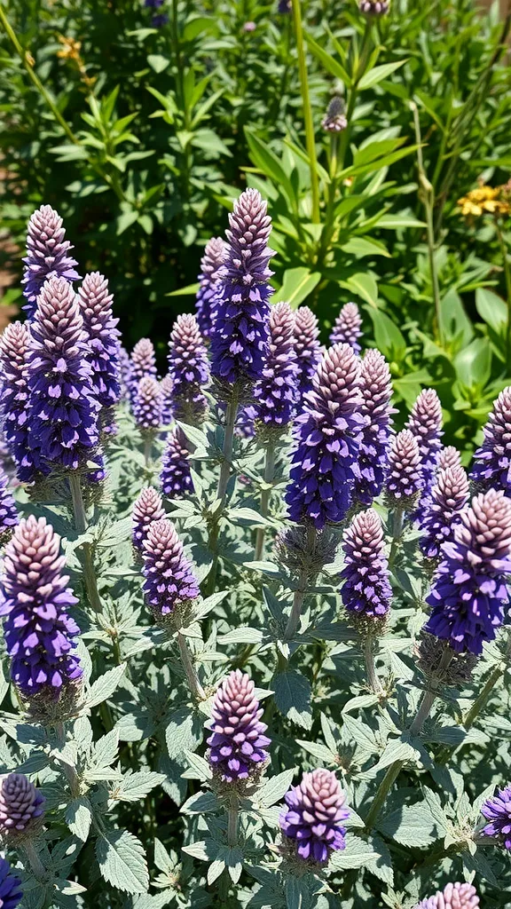 Close-up of Russian Sage with purple flowers and silvery leaves in a sunny garden.