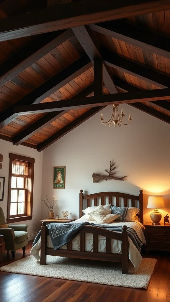 A cozy bedroom featuring dark wood beams, a wooden bed, decorative pillows, and warm lighting.