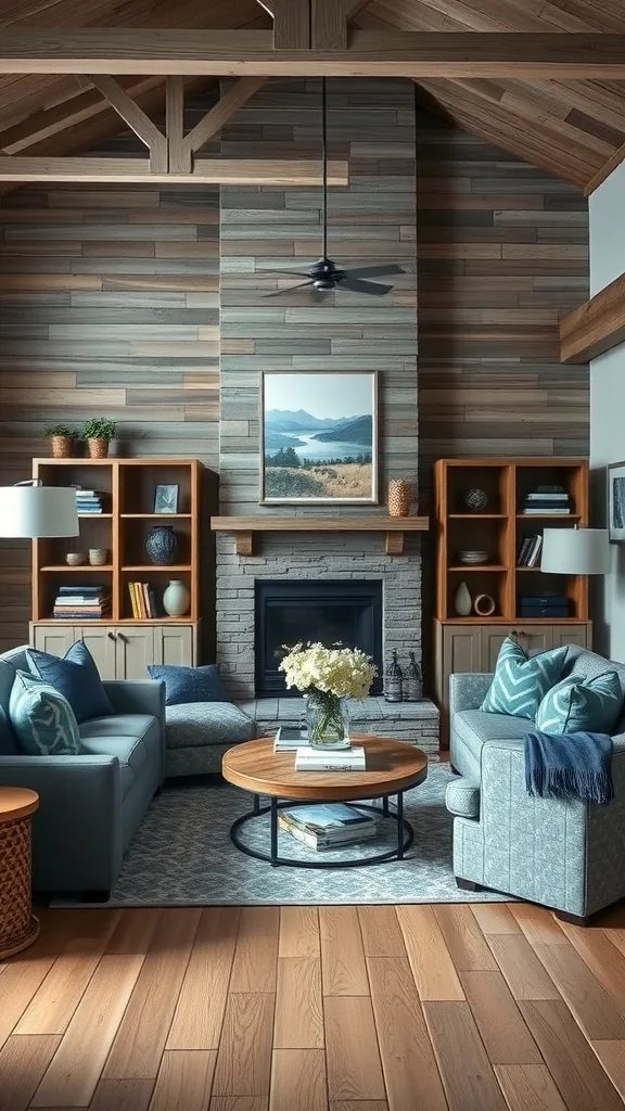 A cozy living room featuring denim blue sofas, wooden accents, and rustic decor.