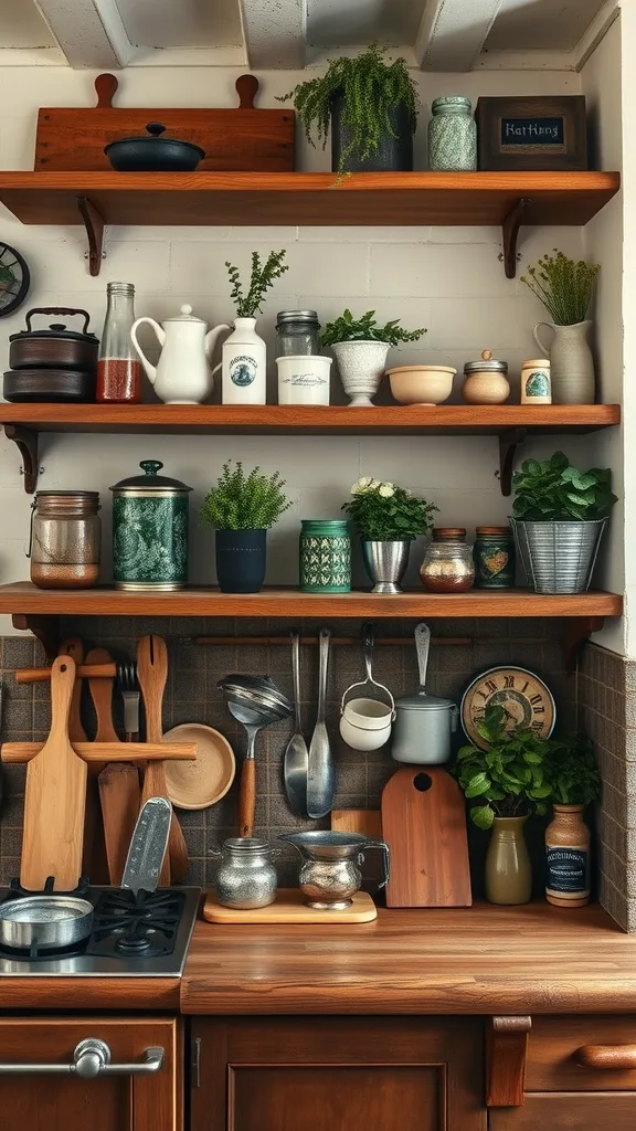 A rustic kitchen with wooden open shelves displaying jars, plants, and kitchen utensils