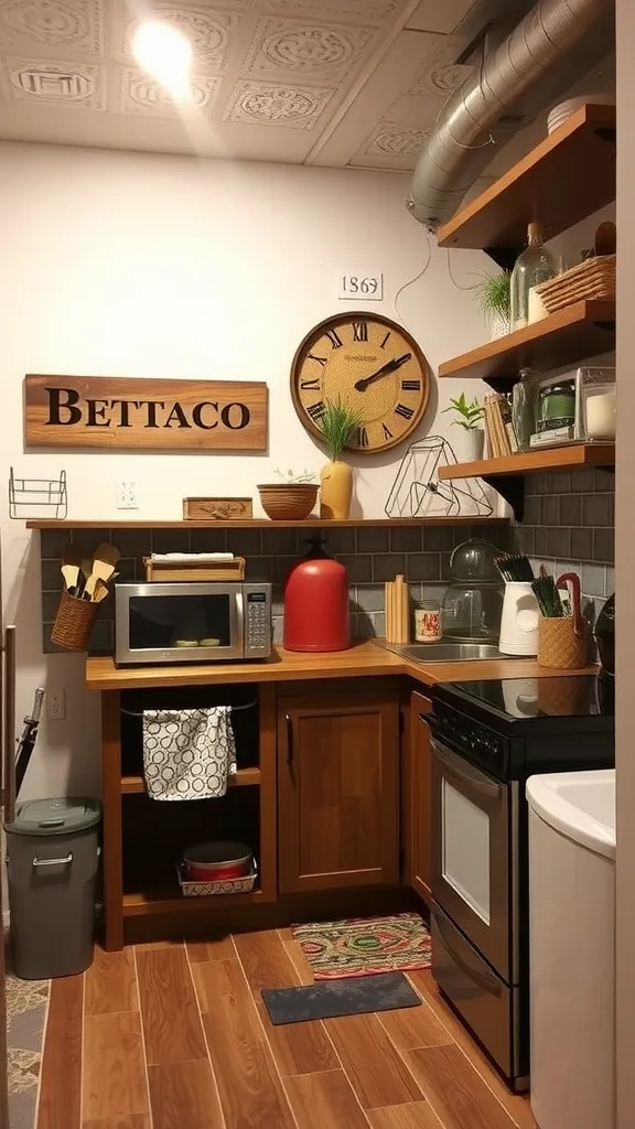 A cozy basement kitchenette featuring wooden cabinets, open shelves with plants, and a vintage clock.