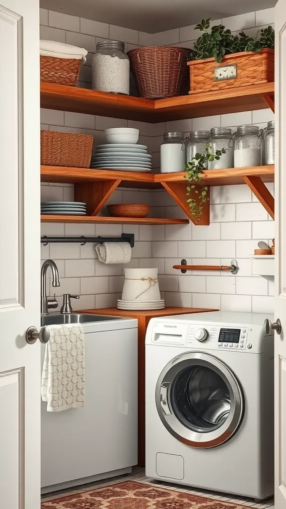 A cozy rustic farmhouse laundry room with wooden shelves, organized baskets, and modern appliances.