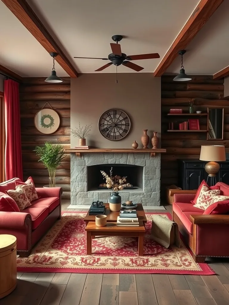 A cozy rustic living room with red sofas, wooden accents, and green plants.