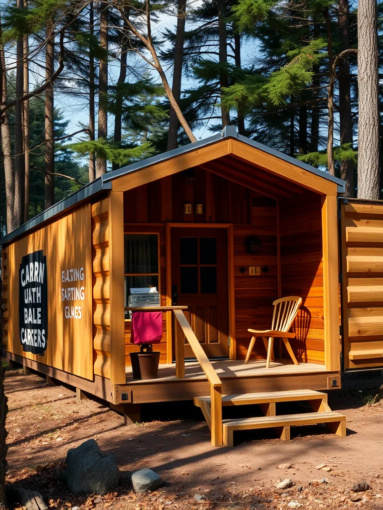 A rustic shipping container cabin surrounded by trees, featuring a wooden porch and a simple chair.