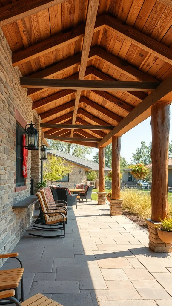 A covered outdoor patio showcasing rustic wood beams with comfortable seating and a stone wall.