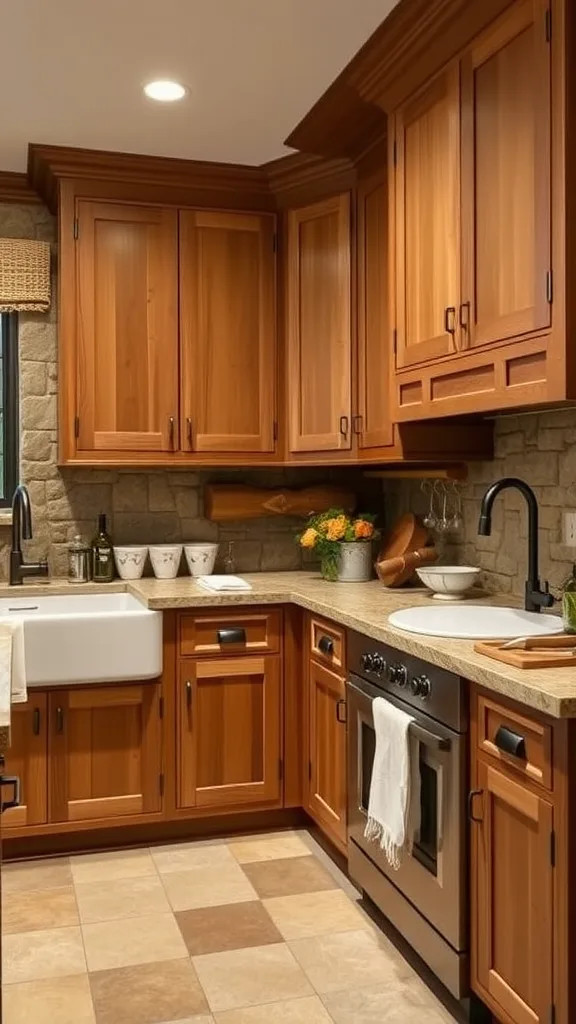 A rustic kitchen featuring warm wooden cabinets, a farmhouse sink, and a cozy atmosphere.