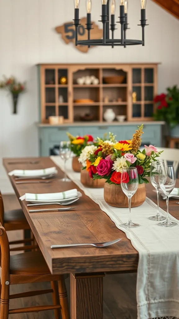 A beautifully set rustic wooden dining table with vibrant floral centerpieces and elegant tableware.