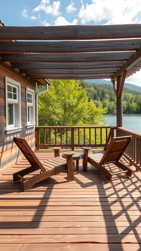 A rustic wooden deck with two lounge chairs and a small table, surrounded by greenery and a lake view.