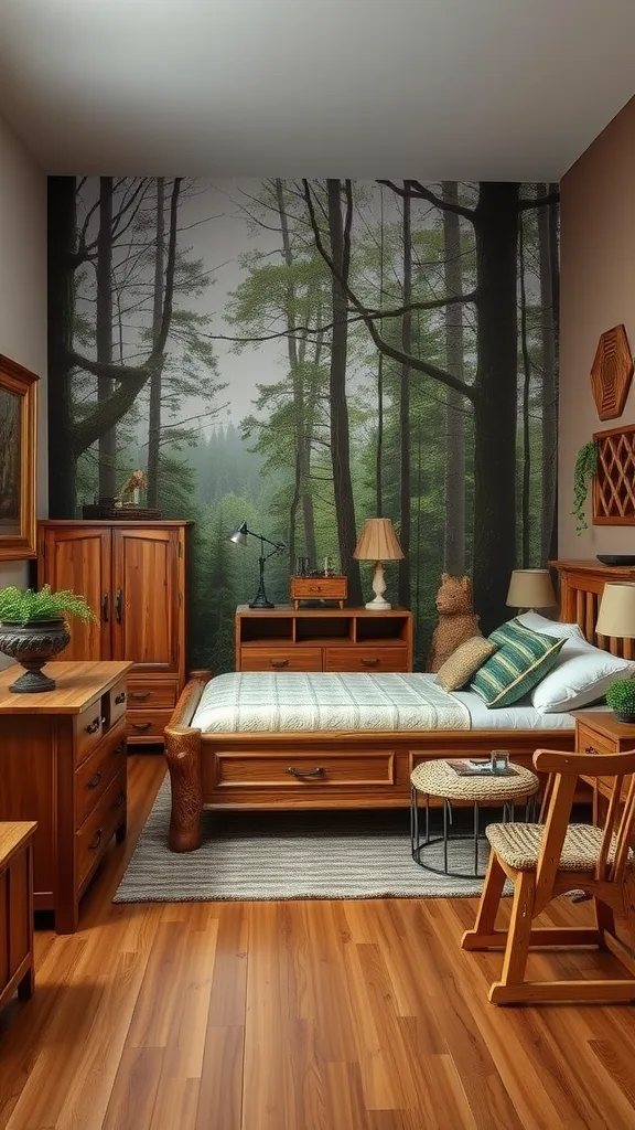 A forest-themed bedroom featuring rustic wooden furniture with a nature-inspired design.