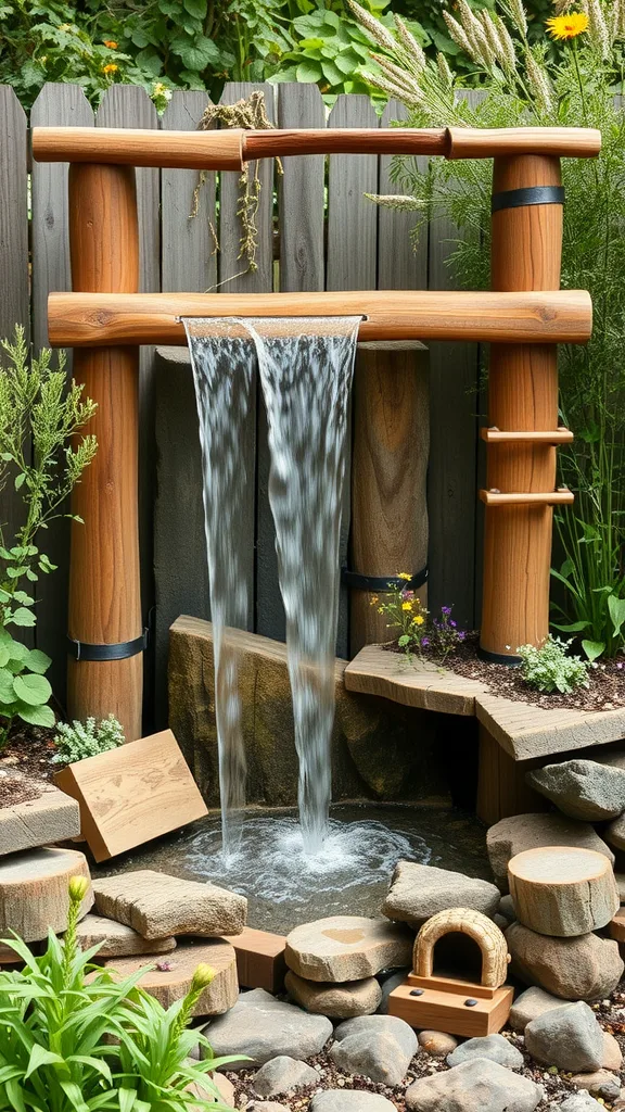 A rustic wooden waterfall in a small garden, featuring flowing water, wooden structure, and surrounding plants.