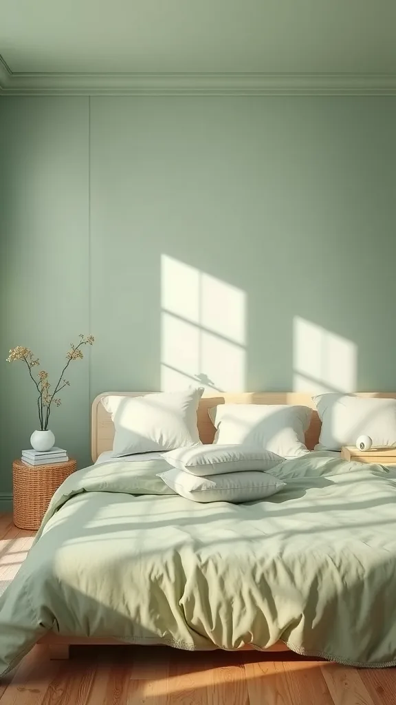 A serene sage green bedroom featuring a cozy bed, soft pillows, and warm sunlight filtering through the window.