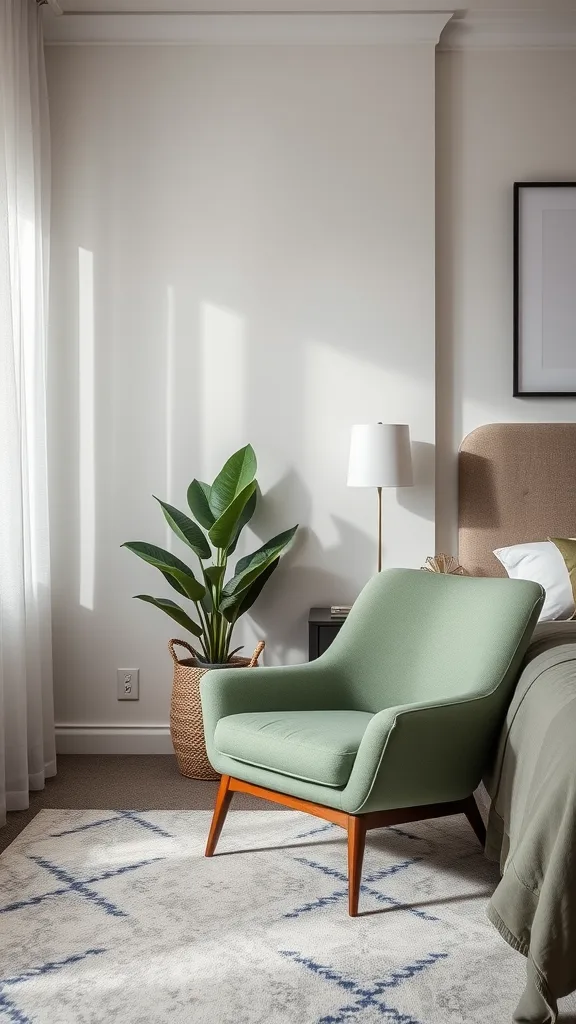 A cozy bedroom featuring sage green accent furniture, including a chair and side table, with natural light streaming in.