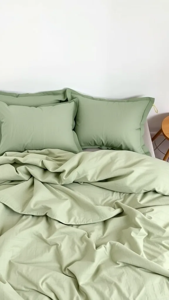 Sage green bedding set with pillows on a bed.