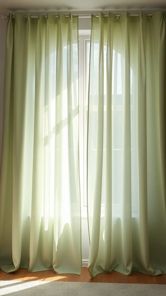 Light sage green curtains draping a window, allowing soft light to filter through.