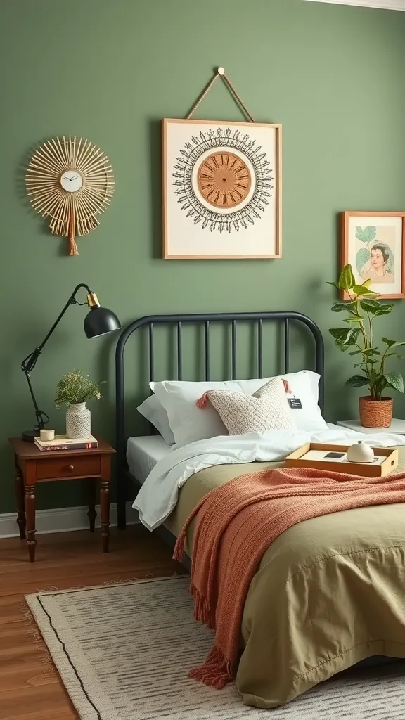 A sage green bedroom featuring a black metal bed, decorative wall art, and cozy textiles.