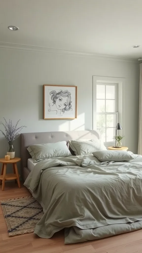 A serene sage green bedroom featuring soft bedding, natural wood furniture, and calming decor.