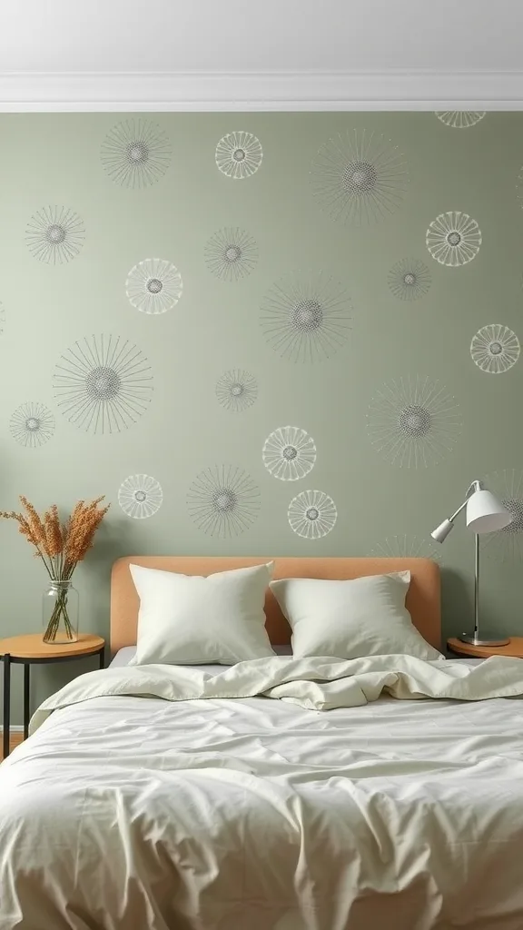 A sage green bedroom with flower patterned wallpaper, a cozy bed, and decorative items.