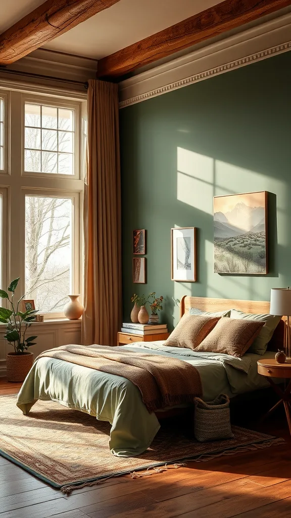 A cozy bedroom featuring sage green walls, wooden beams, and earthy decor.