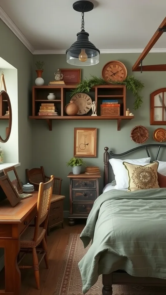 A cozy sage green bedroom featuring rustic decor, wooden furniture, and vintage accents.