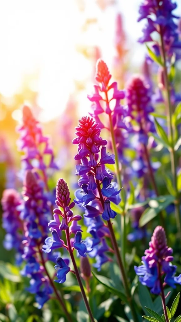 Colorful salvia flowers in purple and pink tones basking in sunlight.