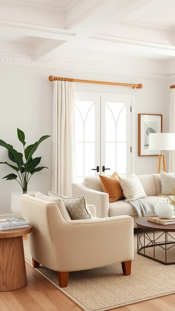 A cozy living room featuring sandy-hued accent chairs, a light sofa, and a stylish coffee table