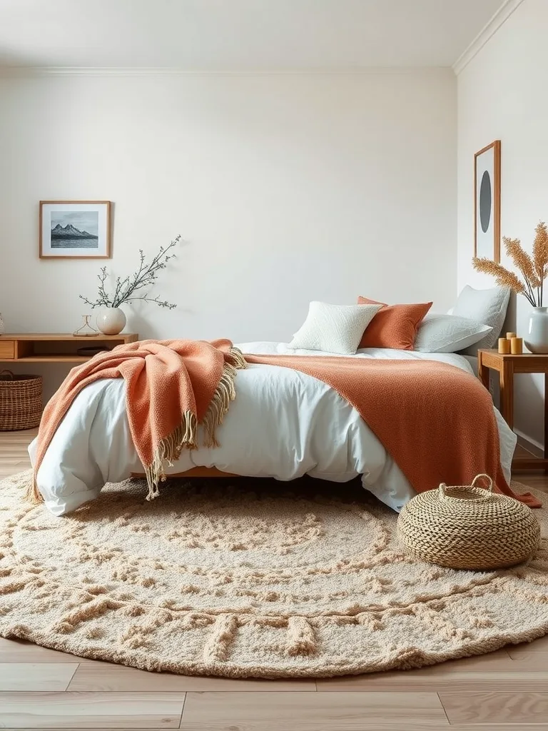 A cozy coastal bedroom with sandy textures, featuring a round rug, a bed with white bedding and an orange throw blanket, and natural decor.