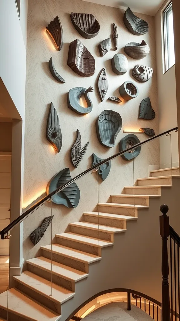 A decorative wall featuring various sculptural elements next to a staircase.