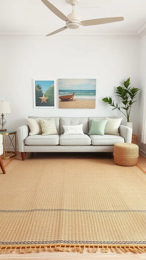 Coastal living room with a seagrass rug, light sofa, and beach-themed decor