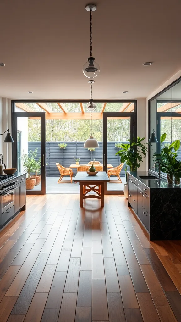 A modern kitchen with large glass doors leading to an outdoor seating area, featuring warm wooden floors and sleek cabinetry.