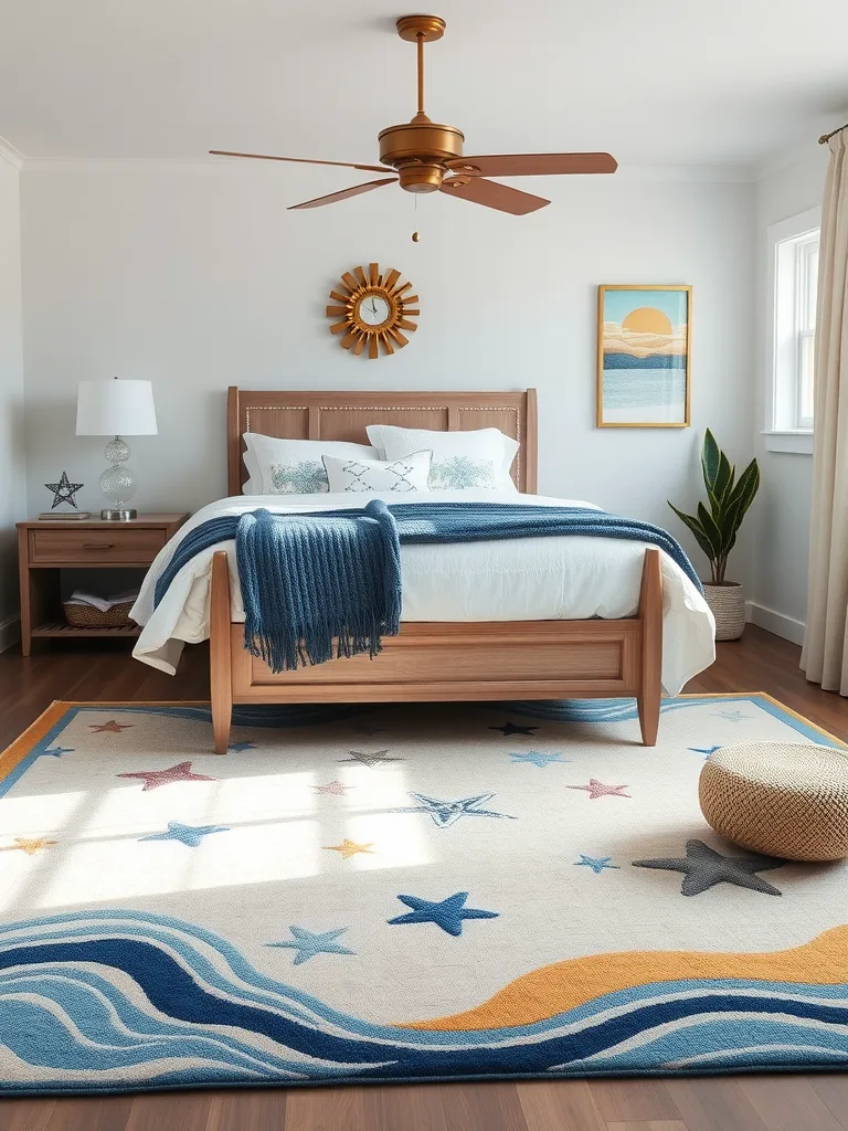 Coastal bedroom with a seaside-inspired rug featuring waves and starfish patterns.