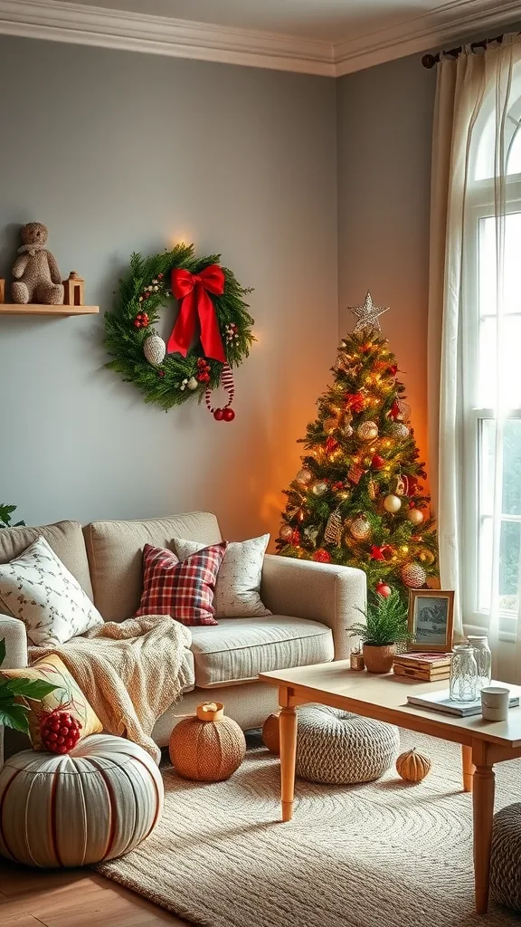 Cozy living room corner decorated for Christmas with a tree, wreath, and festive cushions