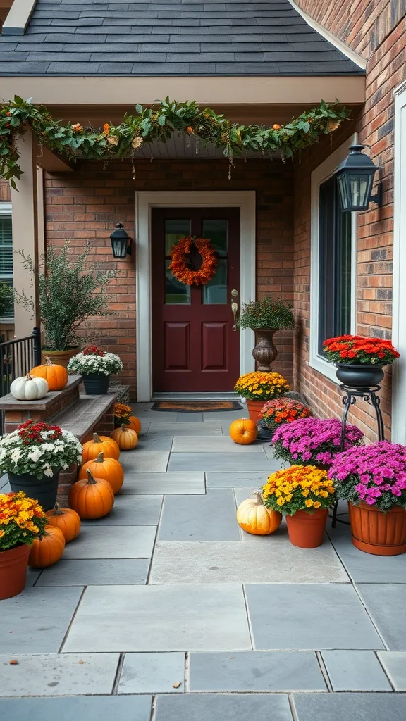 A fall-themed patio with a red door, flower pots, pumpkins, and a decorated entryway.