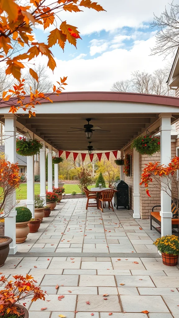 A cozy covered outdoor patio decorated with fall leaves and planters, featuring a wooden table and chairs.