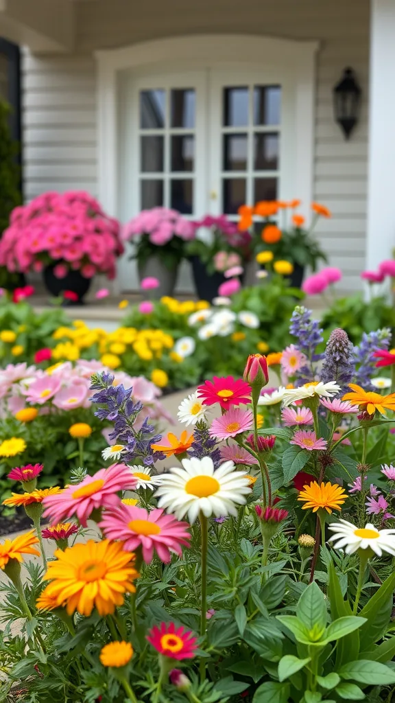 A beautiful front yard with colorful flowers, including daisies and tulips, and hanging planters by the door.