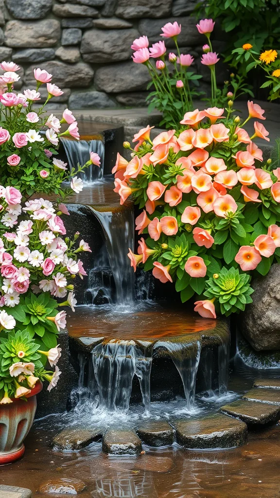 A small garden waterfall surrounded by pink and orange flowers