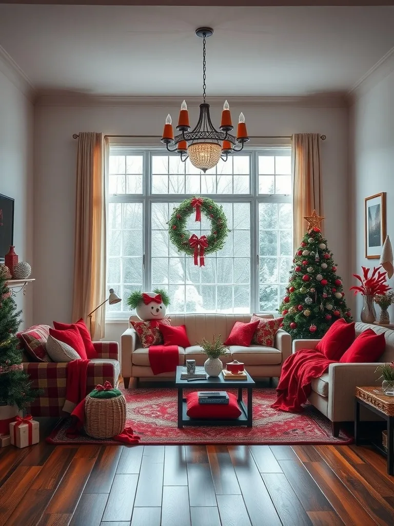 A beautifully decorated red-themed living room with a Christmas tree, wreath, and cozy seating.