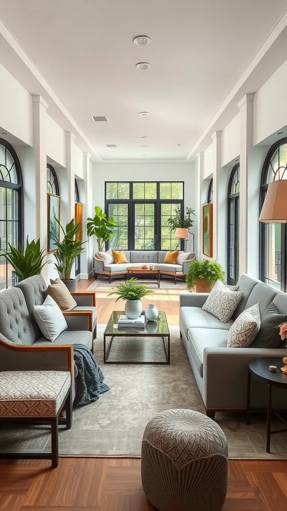 A long narrow living room featuring sectioned seating areas with modern furniture and plants.