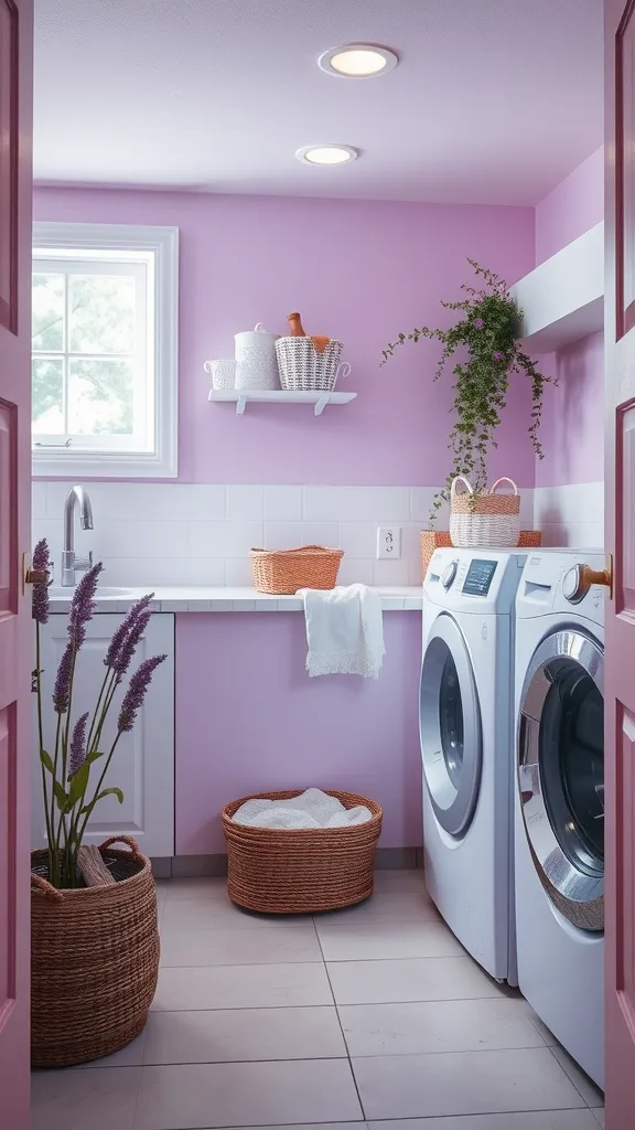 A calming laundry room painted in serene lavender with white cabinetry and natural decor.