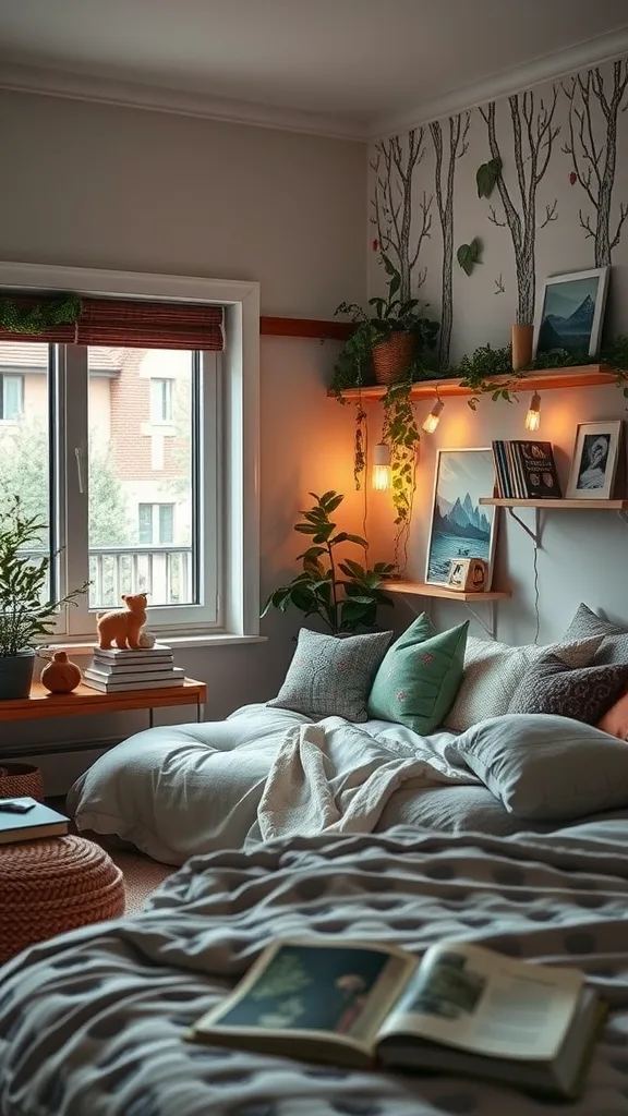 A cozy reading nook in a bedroom with a bed, cushions, plants, and a wooden shelf filled with books.