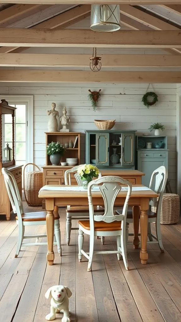 A farmhouse dining room with shabby chic furniture accents, featuring a wooden table, painted chairs, and a display cabinet.